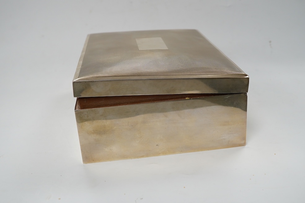 A 1970's silver mounted cigar/cigarette box, Birmingham, 1973, 22.9cm. Condition - poor